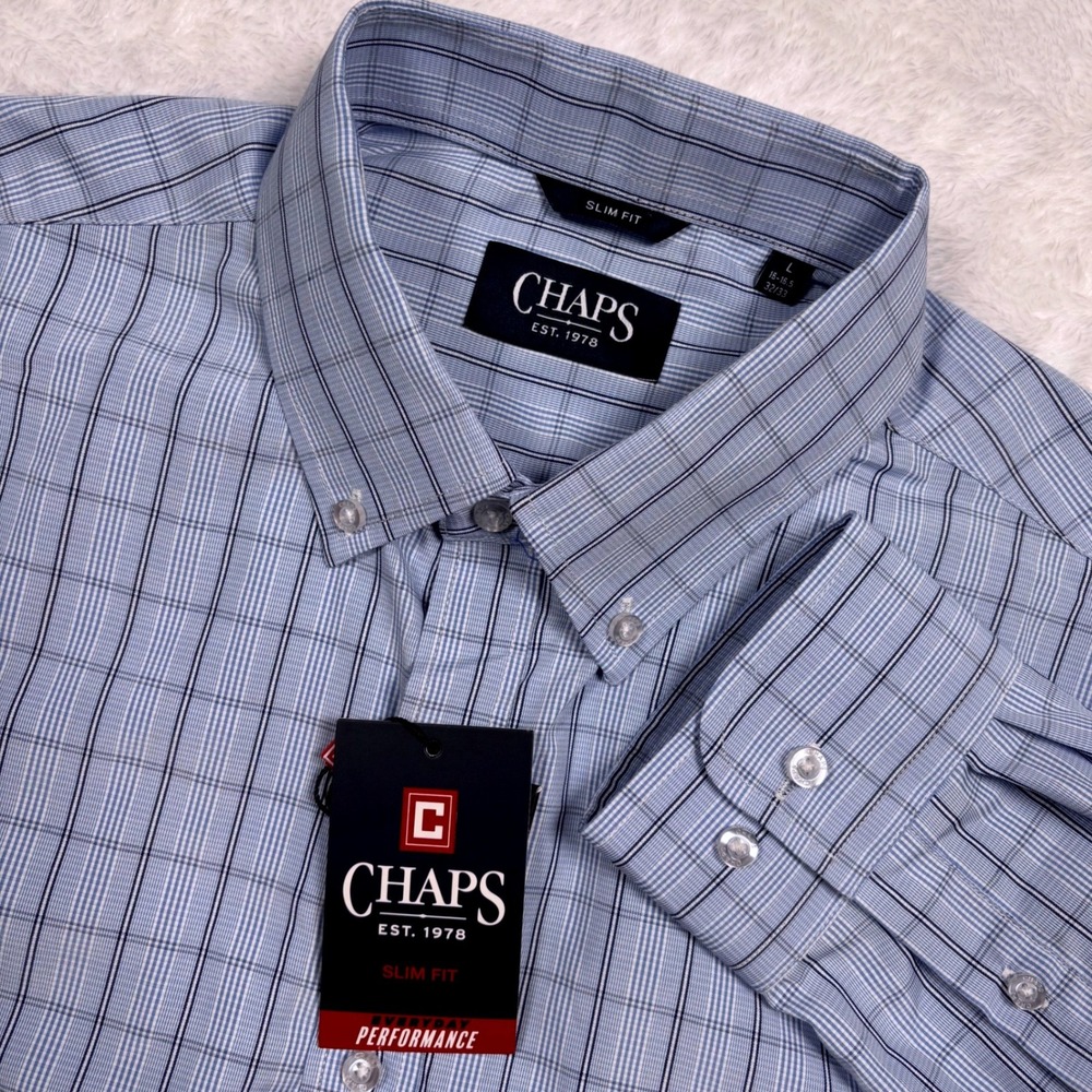 NEW Chaps Perfomance Button Shirt Men L SLIM Light Blue Plaid Stretch No Wrinkle